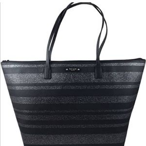 Kate Spade Black & Silver Glitter Stripe Faux Leather Haven Lane Hani large tote